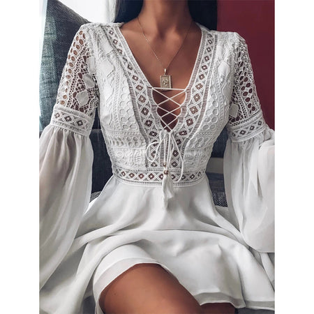 Flying Long Sleeve V-Neck Tie Cutout Dress Short - ANIBEY