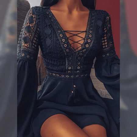 Flying Long Sleeve V-Neck Tie Cutout Dress Short - ANIBEY