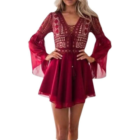 Flying Long Sleeve V-Neck Tie Cutout Dress Short - ANIBEY