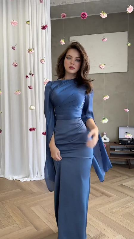 Glass Gauze Large Hem Sleeve Long Satin Slim Fit Dress - ANIBEY