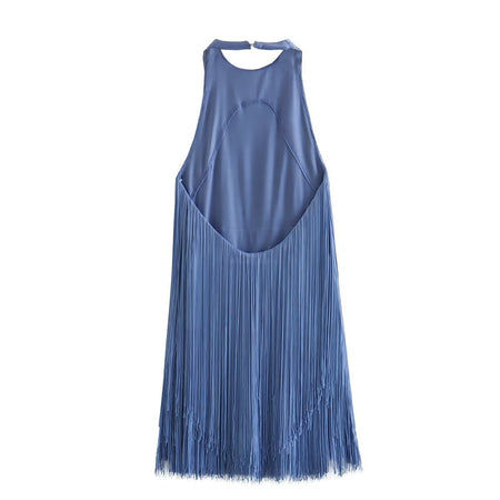 Graceful And Fashionable Halter Sleeveless Tassel Skirt Dress - ANIBEY