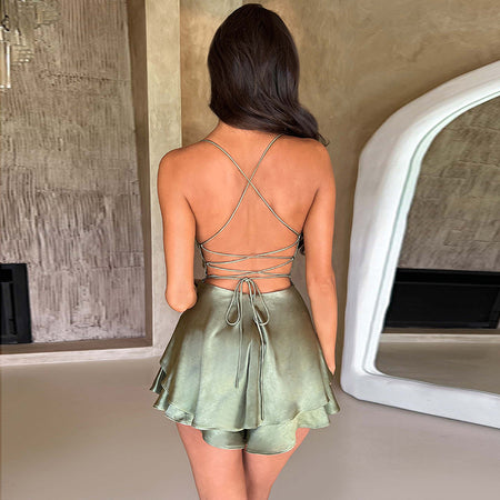Halter Satin Backless Straps A Swing Dress Summer Sexy Temperament Elegant Celebrity Style Short Dress Womens Clothing - ANIBEY