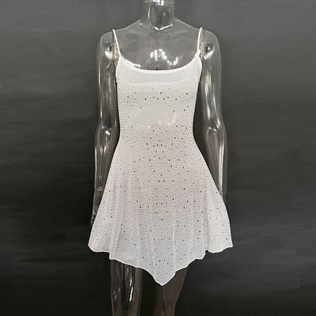 Hot Drilling Semi See-through Sling Short Dress - ANIBEY