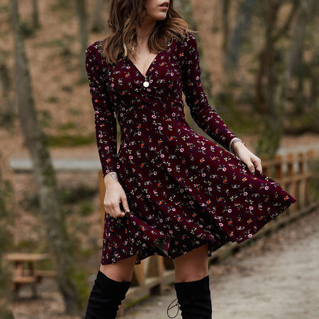 Long Sleeved Floral V-Neck Dress With Large Swing - ANIBEY