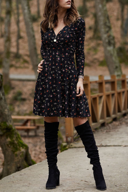 Long Sleeved Floral V-Neck Dress With Large Swing - ANIBEY