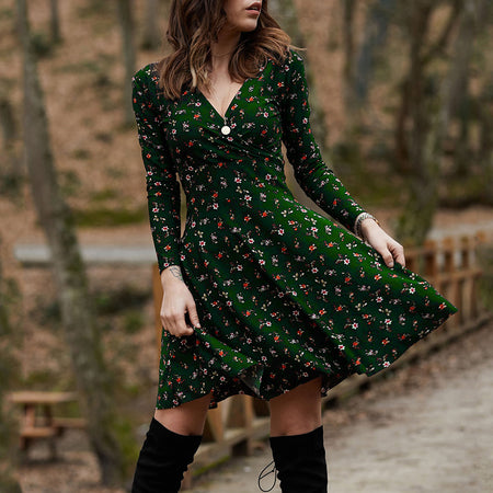 Long Sleeved Floral V-Neck Dress With Large Swing - ANIBEY