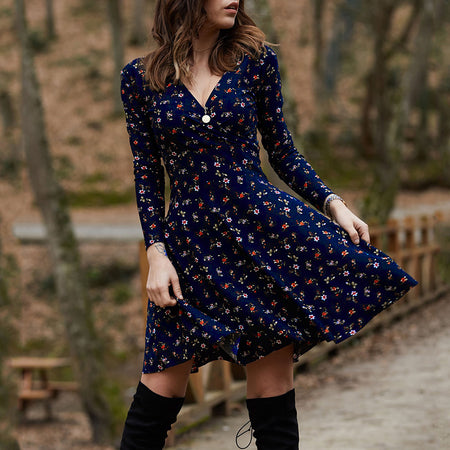 Long Sleeved Floral V-Neck Dress With Large Swing - ANIBEY