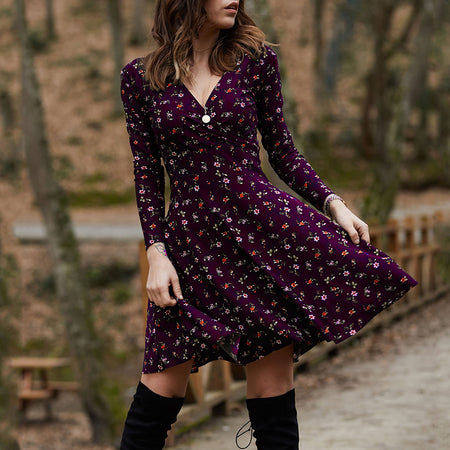 Long Sleeved Floral V-Neck Dress With Large Swing - ANIBEY