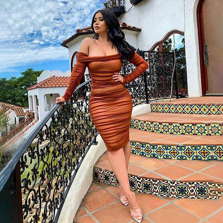 Pure Color Sexy Slim Party One-shoulder Mesh Pleated Dress - ANIBEY