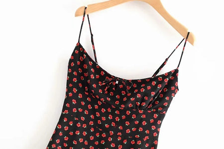 Retro Black Floral Slim-Fit Lace-Up Suspender Dress - ANIBEY