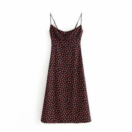 Retro Black Floral Slim-Fit Lace-Up Suspender Dress - ANIBEY