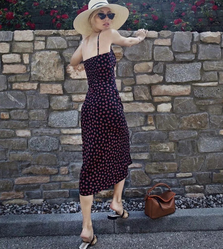 Retro Black Floral Slim-Fit Lace-Up Suspender Dress - ANIBEY