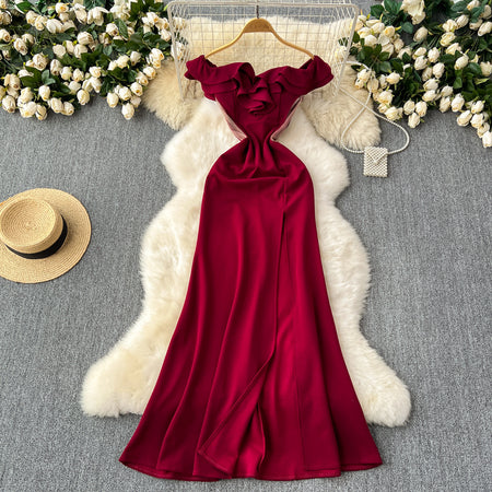 Ruffled Patchwork Waist-slimming High Slit Long Cocktail Party Dress - ANIBEY