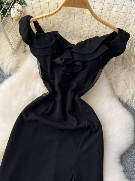 Ruffled Patchwork Waist-slimming High Slit Long Cocktail Party Dress - ANIBEY