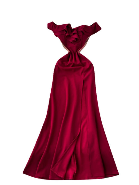 Ruffled Patchwork Waist-slimming High Slit Long Cocktail Party Dress - ANIBEY