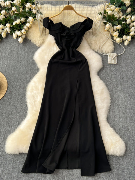Ruffled Patchwork Waist-slimming High Slit Long Cocktail Party Dress - ANIBEY