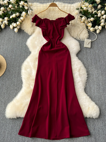 Ruffled Patchwork Waist-slimming High Slit Long Cocktail Party Dress - ANIBEY