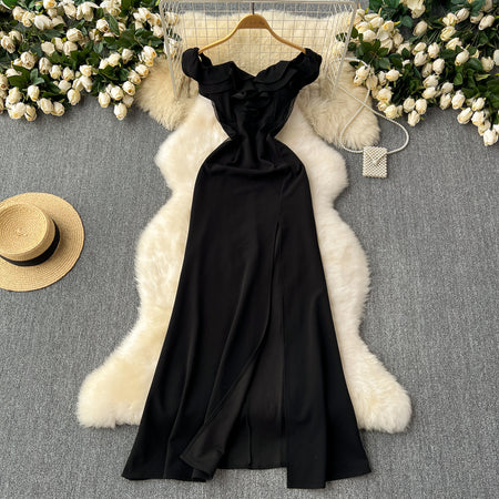 Ruffled Patchwork Waist-slimming High Slit Long Cocktail Party Dress - ANIBEY