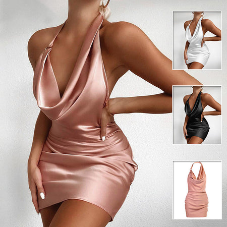Satin Party Dress V Neck Backless Mini Sleeveless Summer Party Dress - ANIBEY