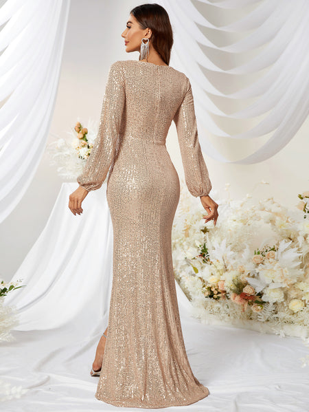 Sequined V-neck Long Sleeve High Slit Slim Fishtail Prom Evening Dress - ANIBEY