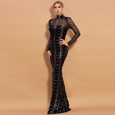 Sequins Women Maxi Dresses Long Sleeve Female Party Dresses - ANIBEY