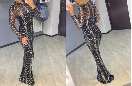 Sequins Women Maxi Dresses Long Sleeve Female Party Dresses - ANIBEY
