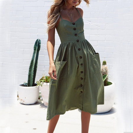 Sexy Suspender Button Pocket Halter Dress - ANIBEY