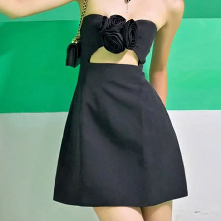 Solid Color 3D Flower Decoration Tube Top Mini Dress - ANIBEY