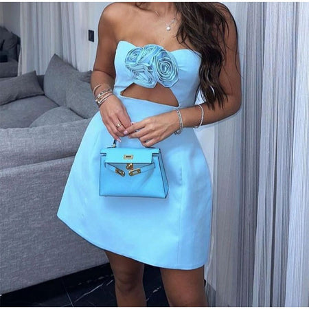 Solid Color 3D Flower Decoration Tube Top Mini Dress - ANIBEY