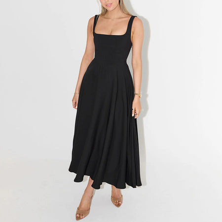 Solid Color Shoulder Strap Slim Fit Mid-length Dress - ANIBEY