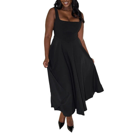 Solid Color Shoulder Strap Slim Fit Mid-length Dress - ANIBEY