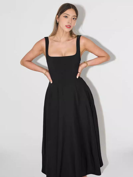 Solid Color Shoulder Strap Slim Fit Mid-length Dress - ANIBEY
