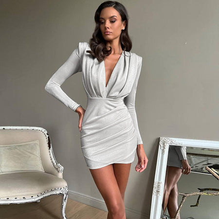 V-Neck Pleated Shoulder Long Sleeve Dress - ANIBEY