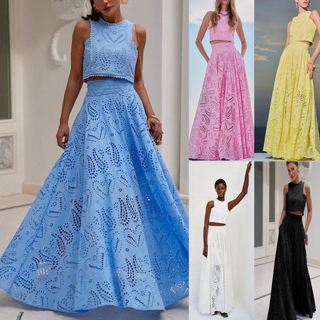 Women's Clothing Elegance Sleeveless Embroidery Lace Long Dress Holiday Suit Two-piece Set - ANIBEY