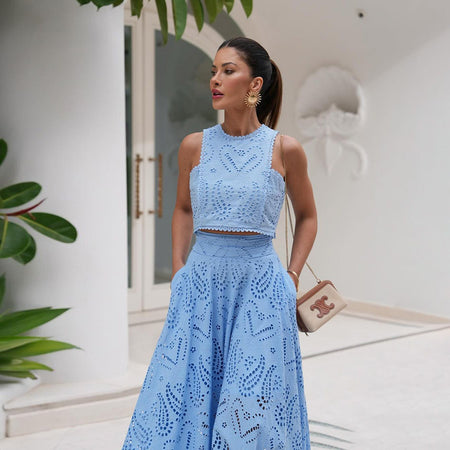Women's Clothing Elegance Sleeveless Embroidery Lace Long Dress Holiday Suit Two-piece Set - ANIBEY