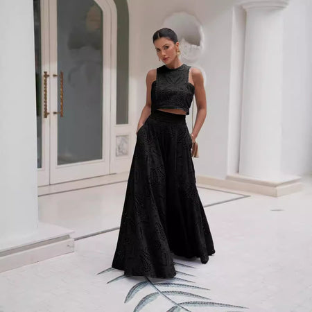 Women's Clothing Elegance Sleeveless Embroidery Lace Long Dress Holiday Suit Two-piece Set - ANIBEY