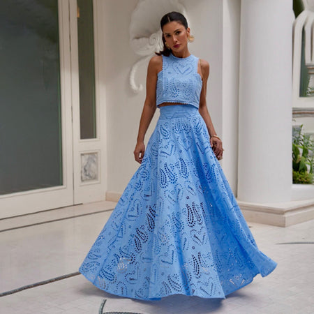 Women's Clothing Elegance Sleeveless Embroidery Lace Long Dress Holiday Suit Two-piece Set - ANIBEY