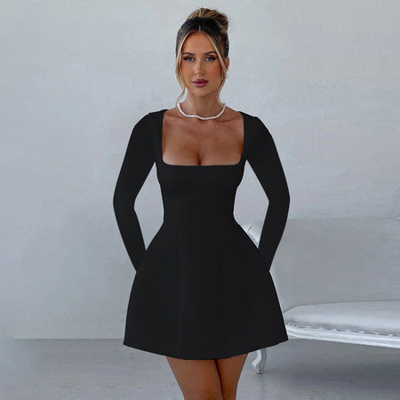 Women's Clothing Slim Fit Square Collar Long Sleeve Dress Women - ANIBEY