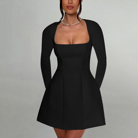 Women's Clothing Slim Fit Square Collar Long Sleeve Dress Women - ANIBEY