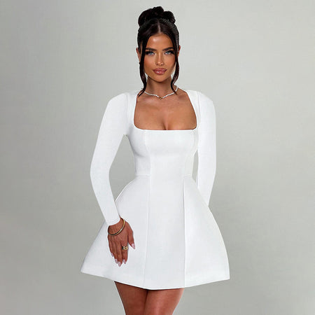 Women's Clothing Slim Fit Square Collar Long Sleeve Dress Women - ANIBEY