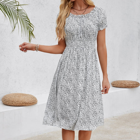 Women's Fashion Casual Floral Tie-Neck Dress - ANIBEY