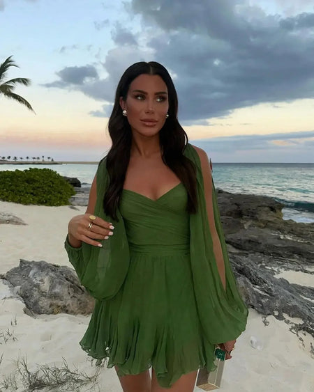 Women's Fashion Hollow Lantern Sleeve V-neck Off-shoulder Dress - ANIBEY