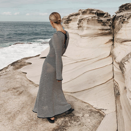 Women's Fashion Mesh Striped European And American Wind Beach Vacation Dress - ANIBEY