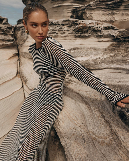 Women's Fashion Mesh Striped European And American Wind Beach Vacation Dress - ANIBEY