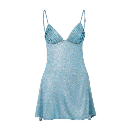 Women's Light European And American Bustier Sexy Halter Short Dress Fashion Slim Drill Chain Section Flash Dress - ANIBEY