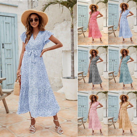 Women's Pleated Hem Short Sleeve Dress - ANIBEY