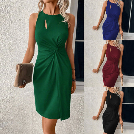 Women's Round Neck Slim-fit Hollow-out Design Sleeveless Sheath Dress - ANIBEY