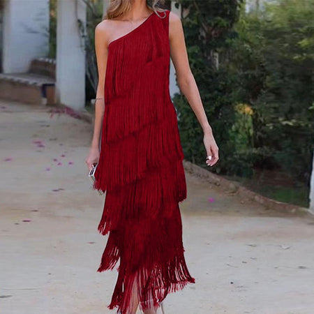Women's Solid Color Diagonal Collar Multi-layer Tassel Stitching Design Dress - ANIBEY
