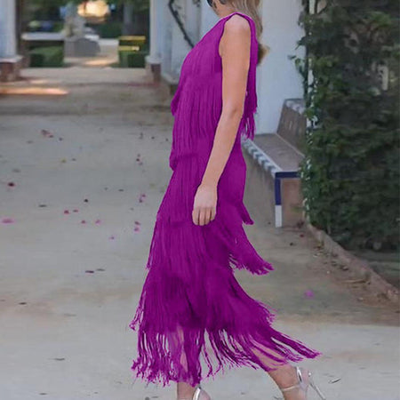 Women's Solid Color Diagonal Collar Multi-layer Tassel Stitching Design Dress - ANIBEY