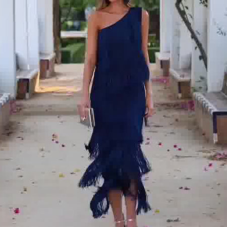 Women's Solid Color Diagonal Collar Multi-layer Tassel Stitching Design Dress - ANIBEY